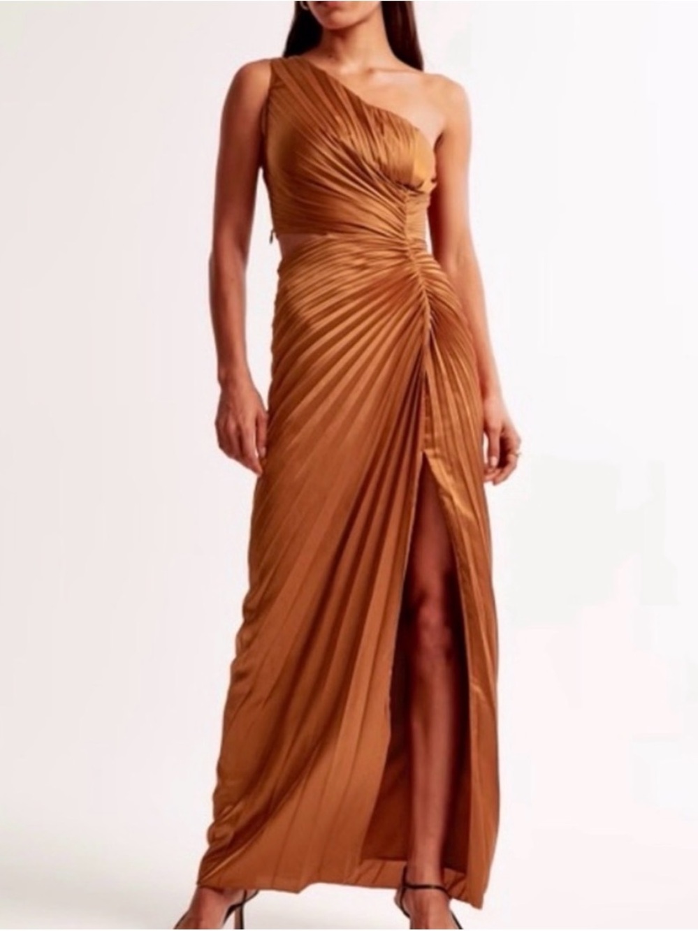 Abercrombie & Fitch One-Shoulder Pleated Maxi Dress in Copper